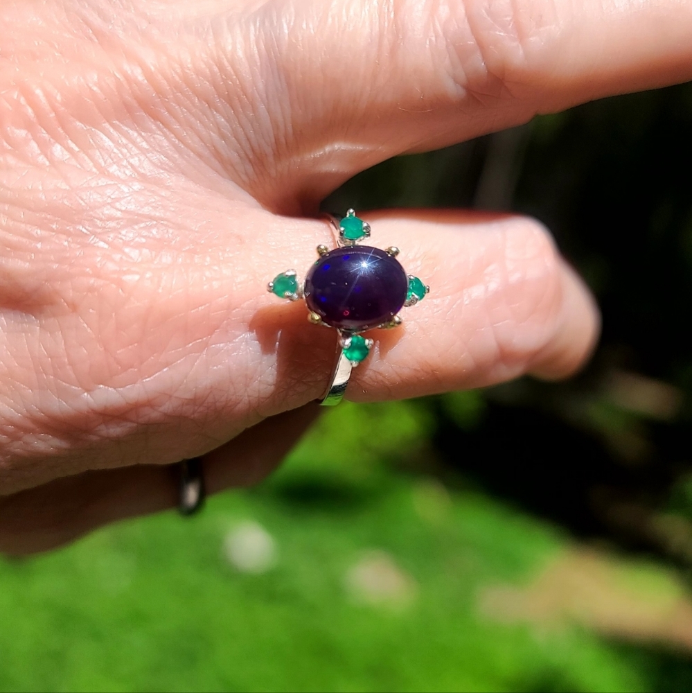 GORGEOUS Black Opal solitaire & Onyx sterling ring sz 8.5